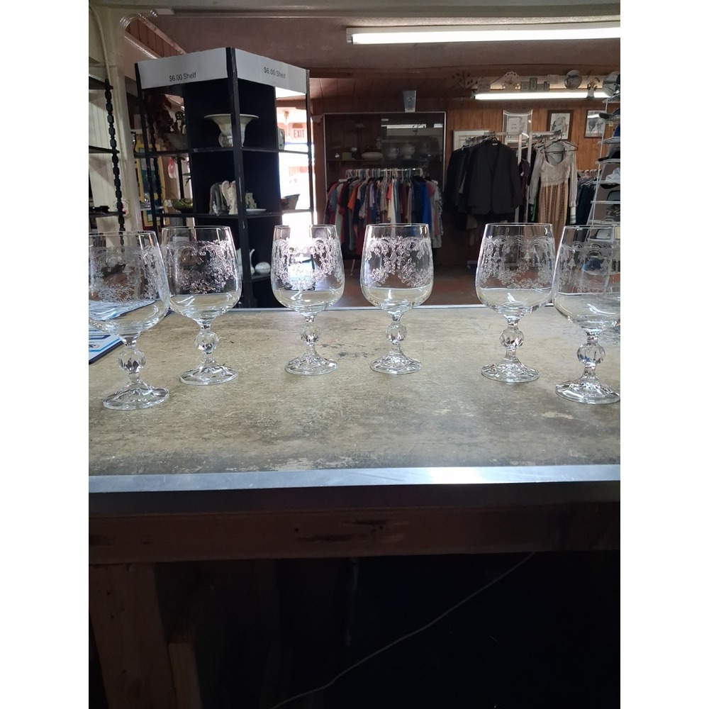 Vintage set  of 6 Etched Clear Glass Brandy Snifters, Round, Glossy Finish
